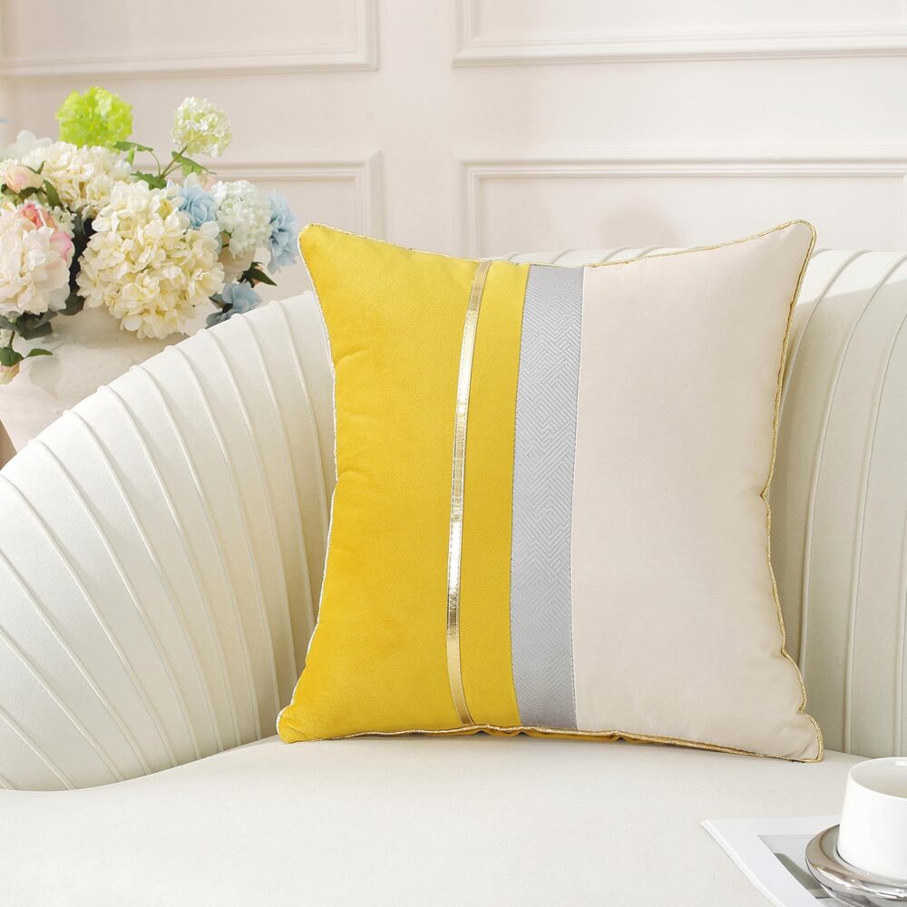 9448 Pack of 2, Yellow Beige Patchwork Velvet Throw Pillow Cover with Gold